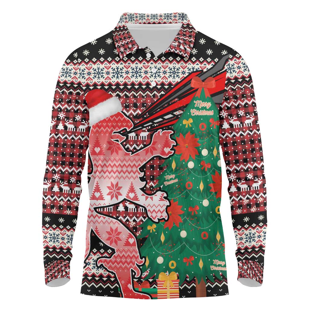 Latvia Christmas Long Sleeve Polo Shirt with Red Lion, Holiday Tree, and Nordic Pattern Design - Wonder Print Shop