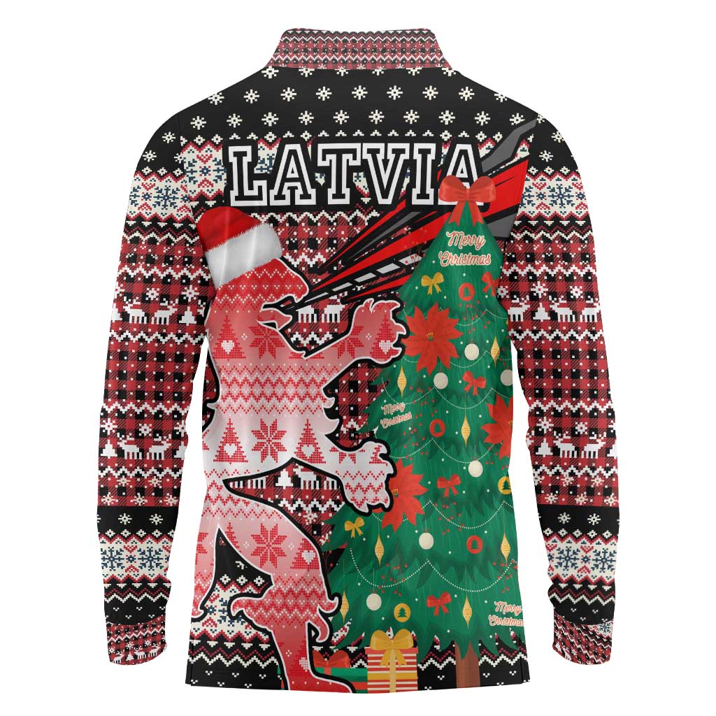Latvia Christmas Long Sleeve Polo Shirt with Red Lion, Holiday Tree, and Nordic Pattern Design - Wonder Print Shop