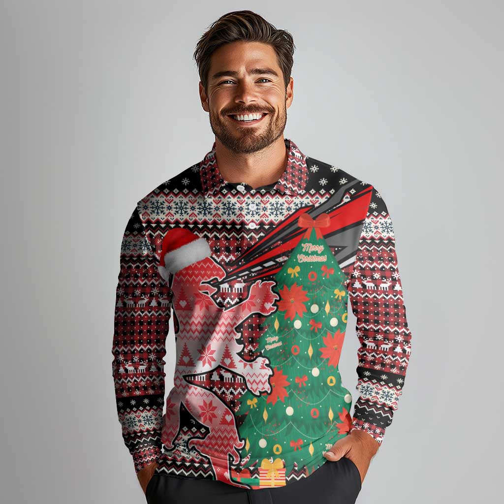 Latvia Christmas Long Sleeve Polo Shirt with Red Lion, Holiday Tree, and Nordic Pattern Design - Wonder Print Shop