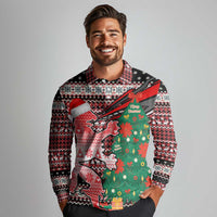 Latvia Christmas Long Sleeve Polo Shirt with Red Lion, Holiday Tree, and Nordic Pattern Design - Wonder Print Shop