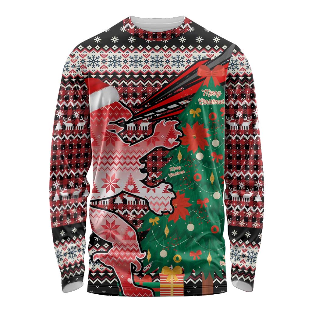 Latvia Christmas Long Sleeve Shirt with Red Lion, Holiday Tree, and Nordic Pattern Design - Wonder Print Shop