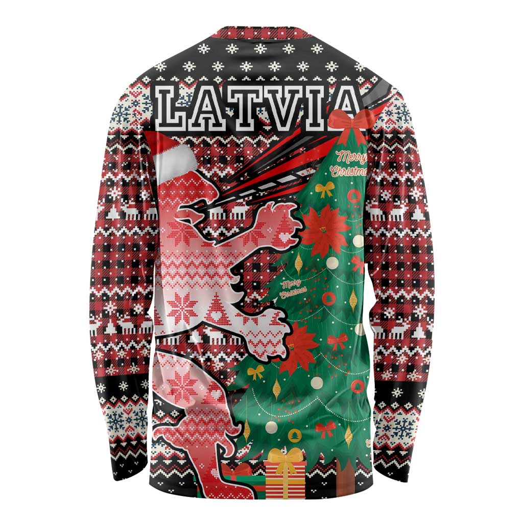 Latvia Christmas Long Sleeve Shirt with Red Lion, Holiday Tree, and Nordic Pattern Design - Wonder Print Shop