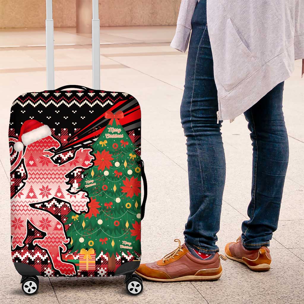 Latvia Christmas Luggage Cover with Red Lion, Holiday Tree, and Nordic Pattern Design - Wonder Print Shop