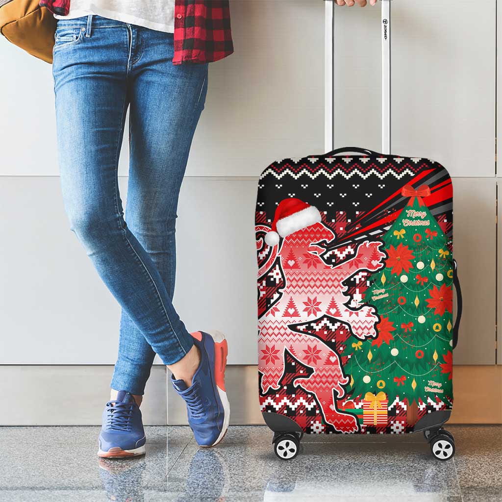 Latvia Christmas Luggage Cover with Red Lion, Holiday Tree, and Nordic Pattern Design - Wonder Print Shop