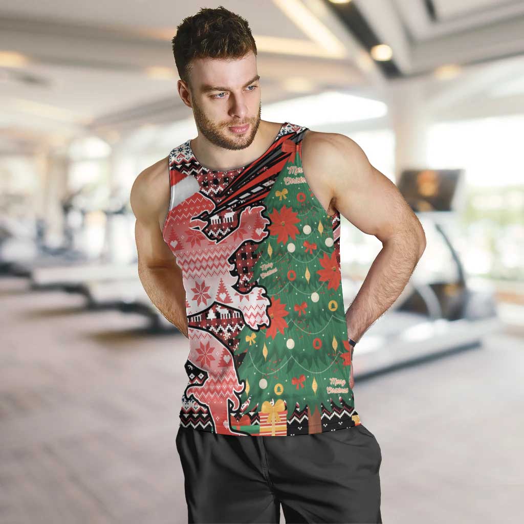 Latvia Christmas Men Tank Top with Red Lion, Holiday Tree, and Nordic Pattern Design - Wonder Print Shop