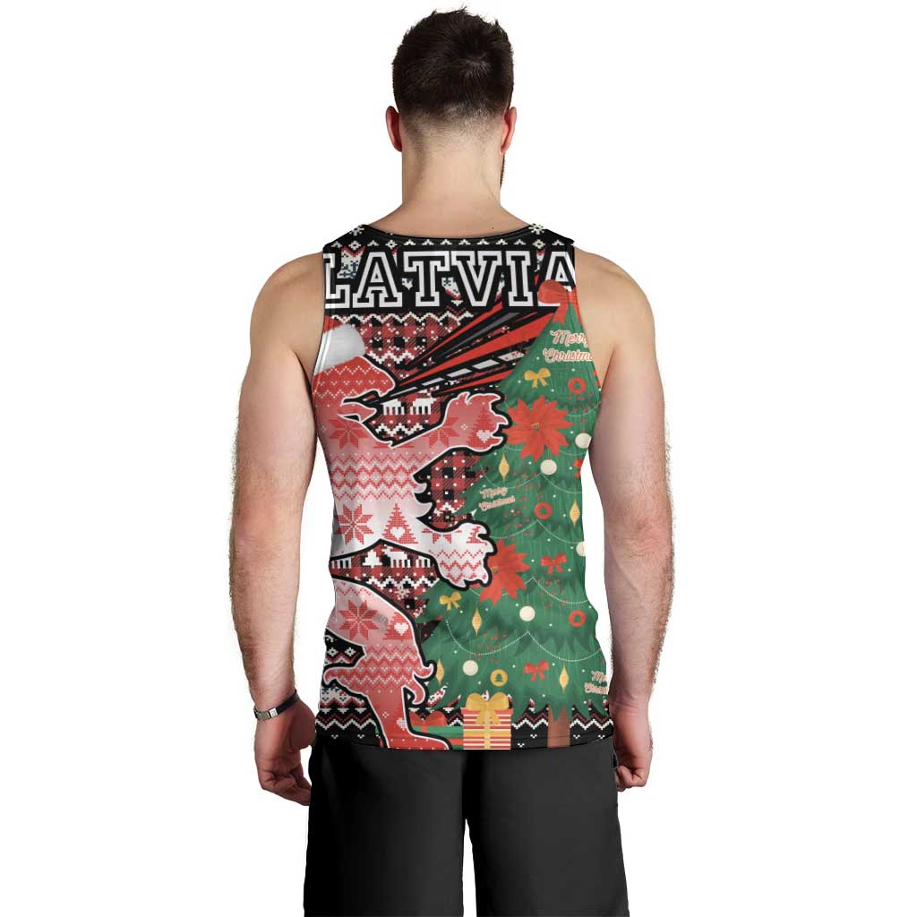Latvia Christmas Men Tank Top with Red Lion, Holiday Tree, and Nordic Pattern Design - Wonder Print Shop