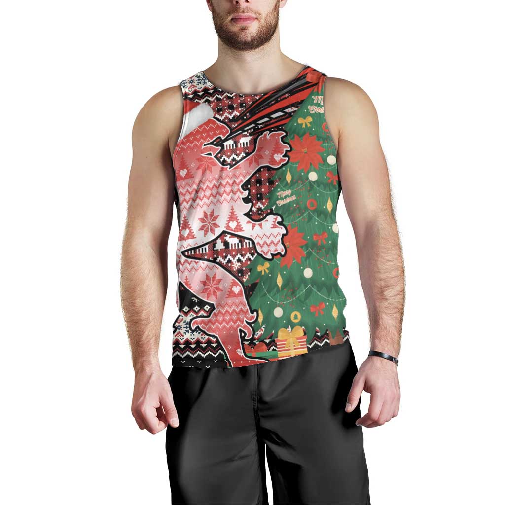 Latvia Christmas Men Tank Top with Red Lion, Holiday Tree, and Nordic Pattern Design - Wonder Print Shop