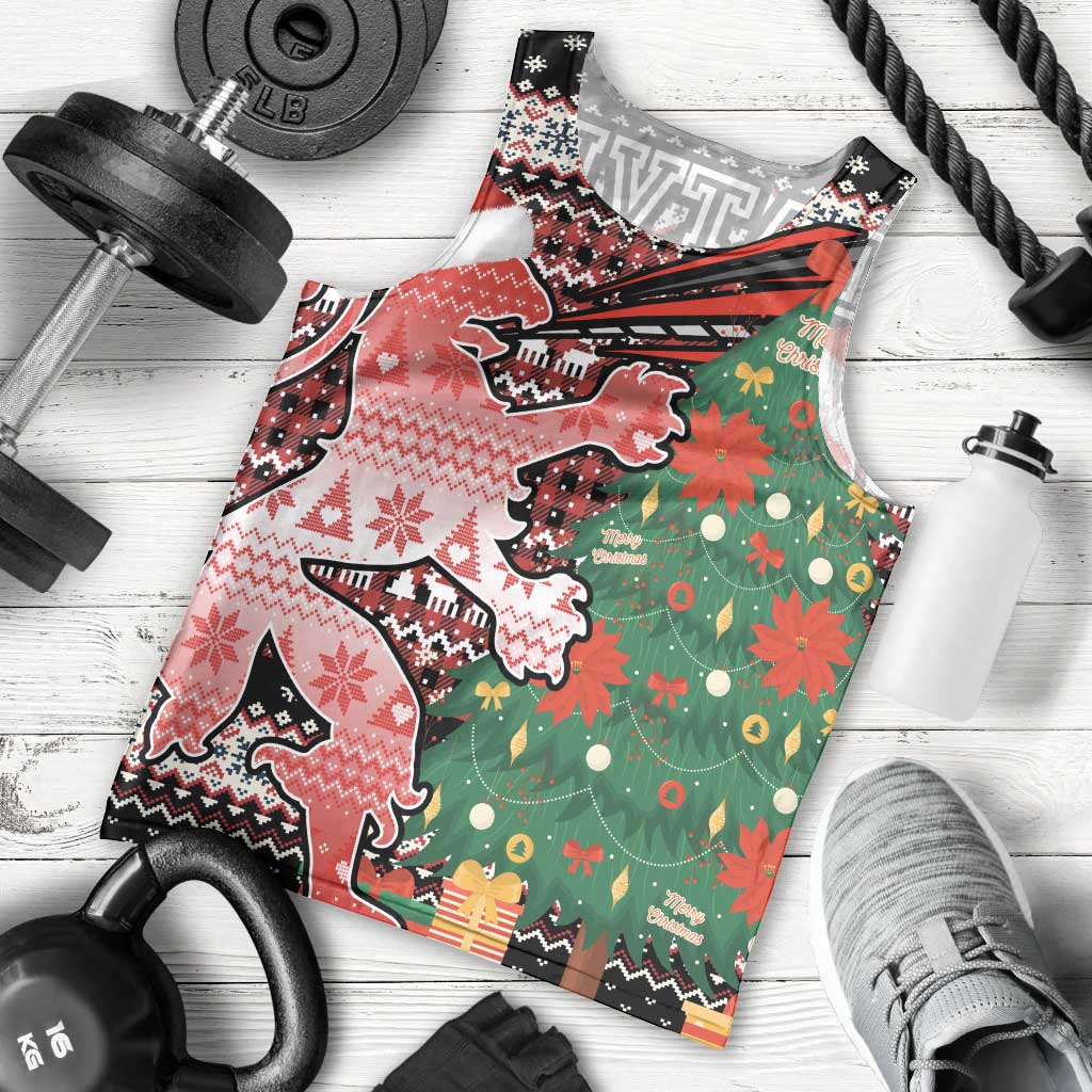 Latvia Christmas Men Tank Top with Red Lion, Holiday Tree, and Nordic Pattern Design - Wonder Print Shop