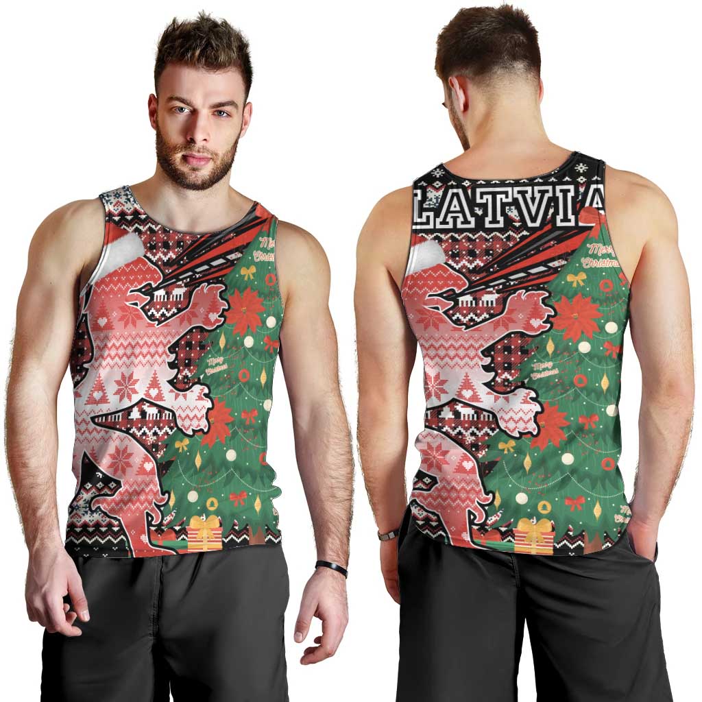Latvia Christmas Men Tank Top with Red Lion, Holiday Tree, and Nordic Pattern Design - Wonder Print Shop