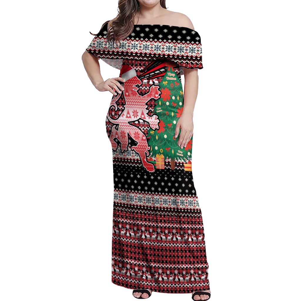 Latvia Christmas Off Shoulder Maxi Dress with Red Lion, Holiday Tree, and Nordic Pattern Design - Wonder Print Shop