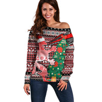 Latvia Christmas Off Shoulder Sweater with Red Lion, Holiday Tree, and Nordic Pattern Design - Wonder Print Shop