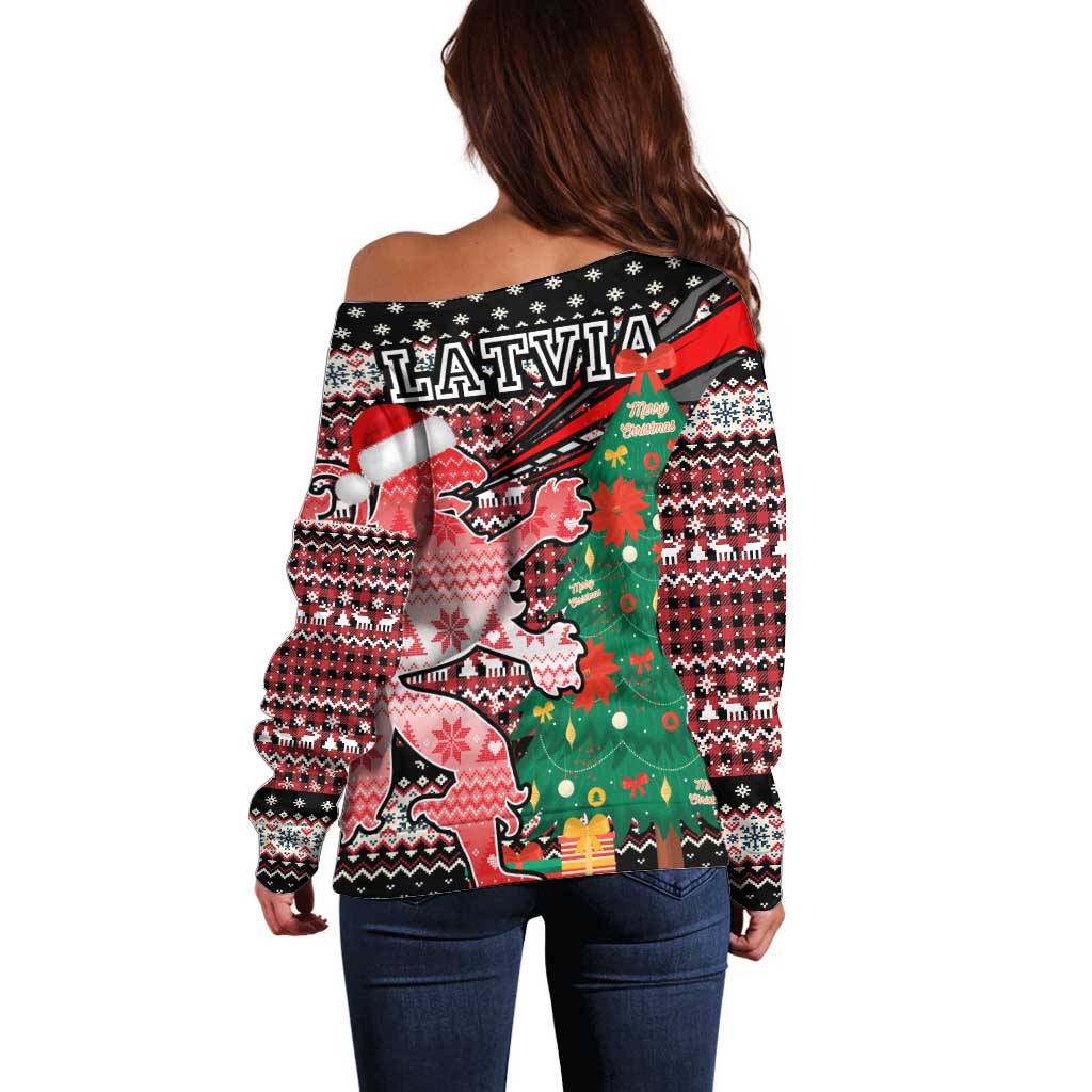 Latvia Christmas Off Shoulder Sweater with Red Lion, Holiday Tree, and Nordic Pattern Design - Wonder Print Shop