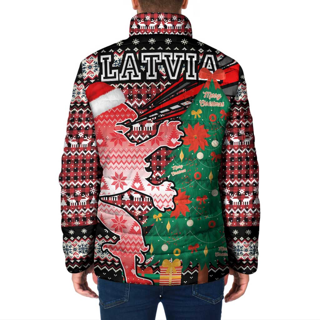Latvia Christmas Padded Jacket with Red Lion, Holiday Tree, and Nordic Pattern Design - Wonder Print Shop