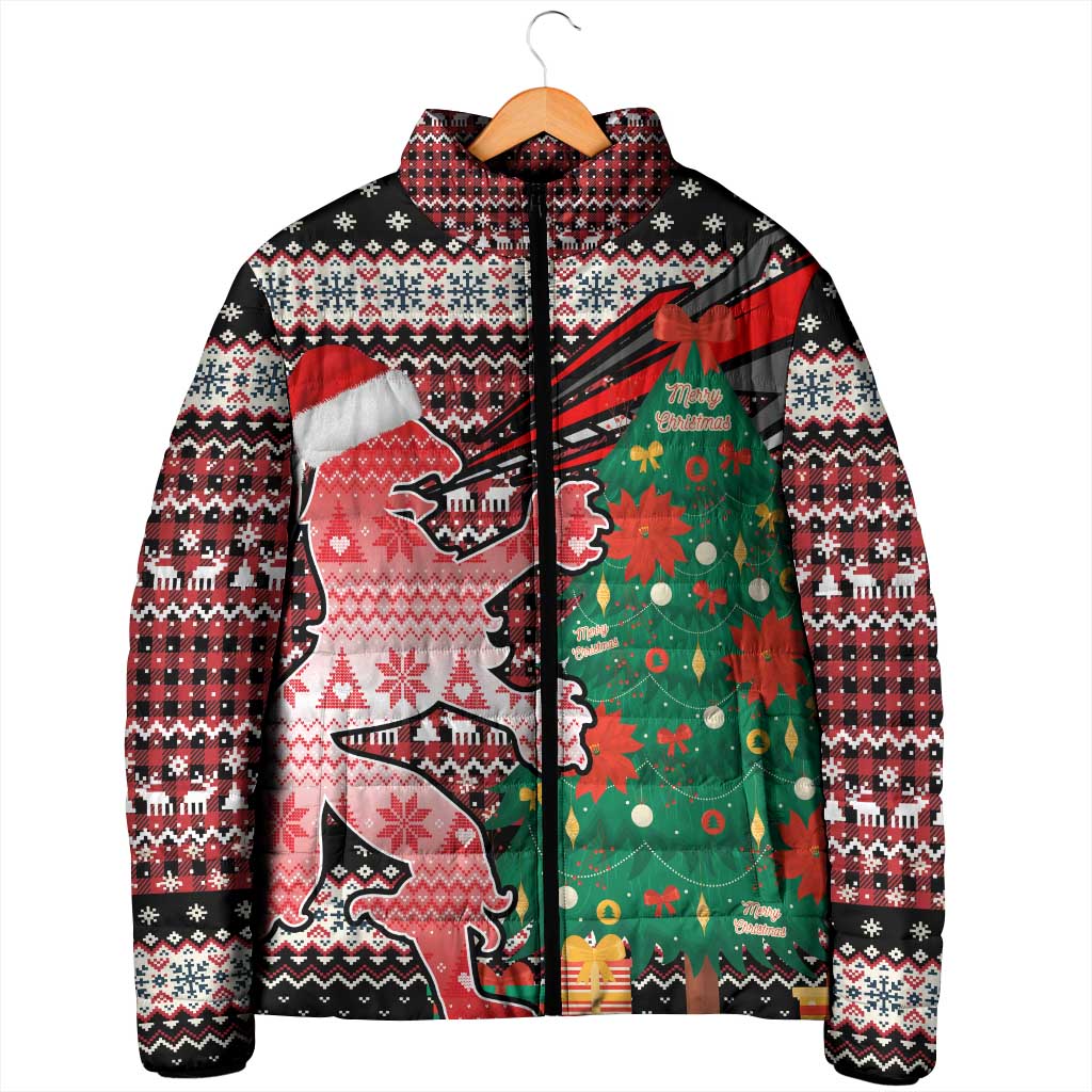 Latvia Christmas Padded Jacket with Red Lion, Holiday Tree, and Nordic Pattern Design - Wonder Print Shop