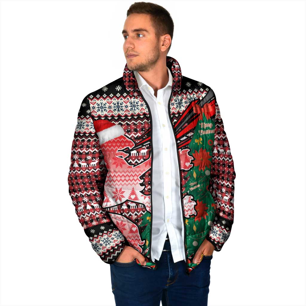 Latvia Christmas Padded Jacket with Red Lion, Holiday Tree, and Nordic Pattern Design - Wonder Print Shop