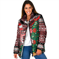 Latvia Christmas Padded Jacket with Red Lion, Holiday Tree, and Nordic Pattern Design - Wonder Print Shop