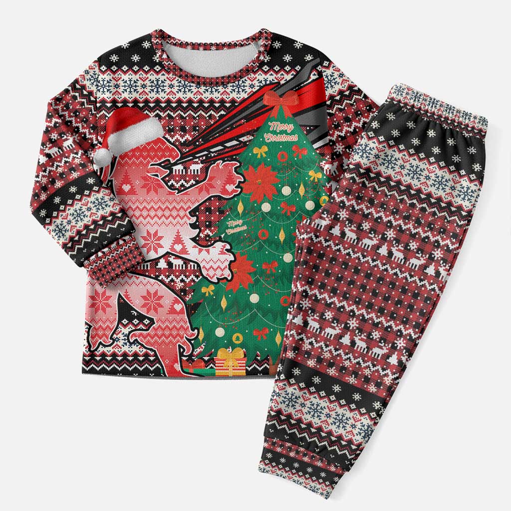 Latvia Christmas Pajama Set with Red Lion, Holiday Tree, and Nordic Pattern Design - Wonder Print Shop
