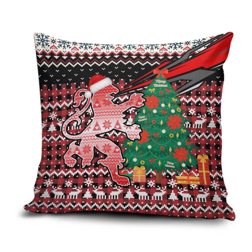 Latvia Christmas Pillow Cover with Red Lion, Holiday Tree, and Nordic Pattern Design - Wonder Print Shop