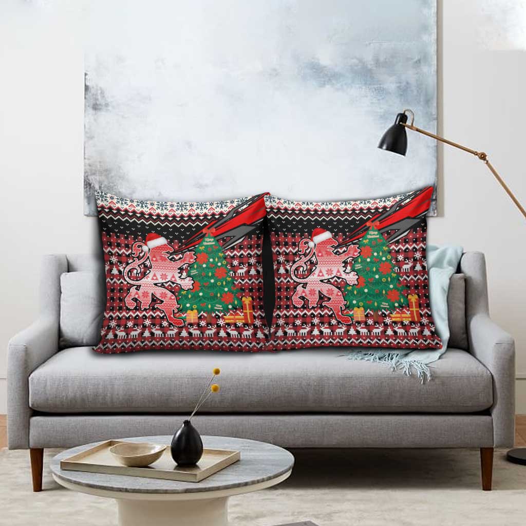 Latvia Christmas Pillow Cover with Red Lion, Holiday Tree, and Nordic Pattern Design - Wonder Print Shop