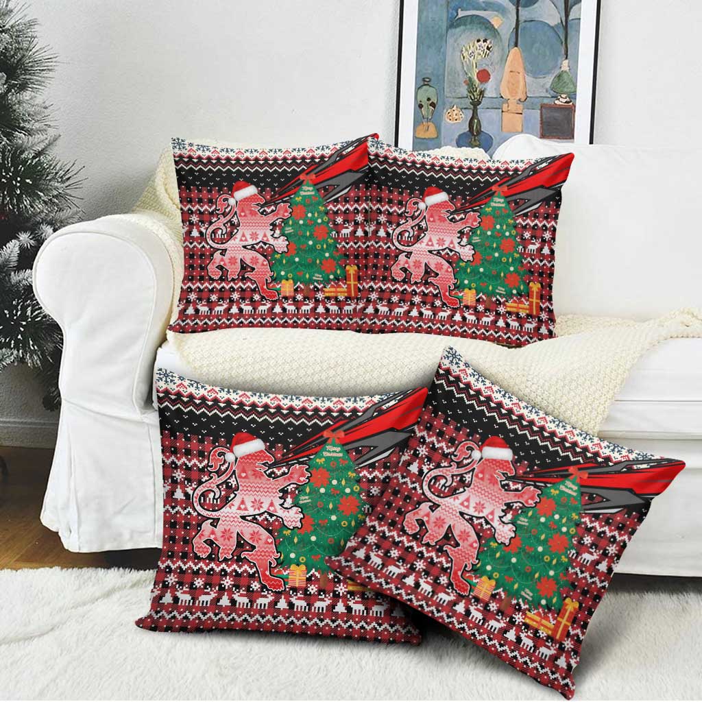 Latvia Christmas Pillow Cover with Red Lion, Holiday Tree, and Nordic Pattern Design - Wonder Print Shop
