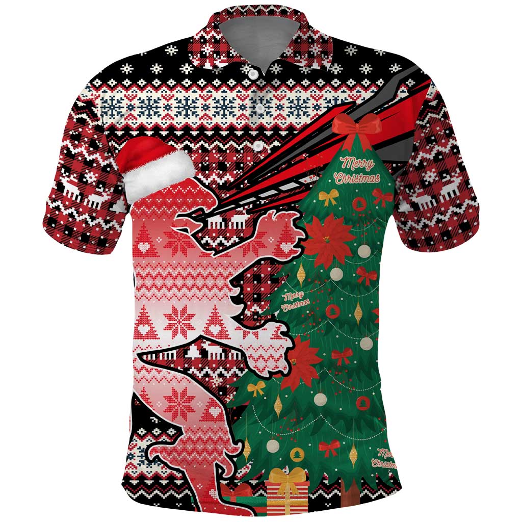 Latvia Christmas Polo Shirt with Red Lion, Holiday Tree, and Nordic Pattern Design - Wonder Print Shop