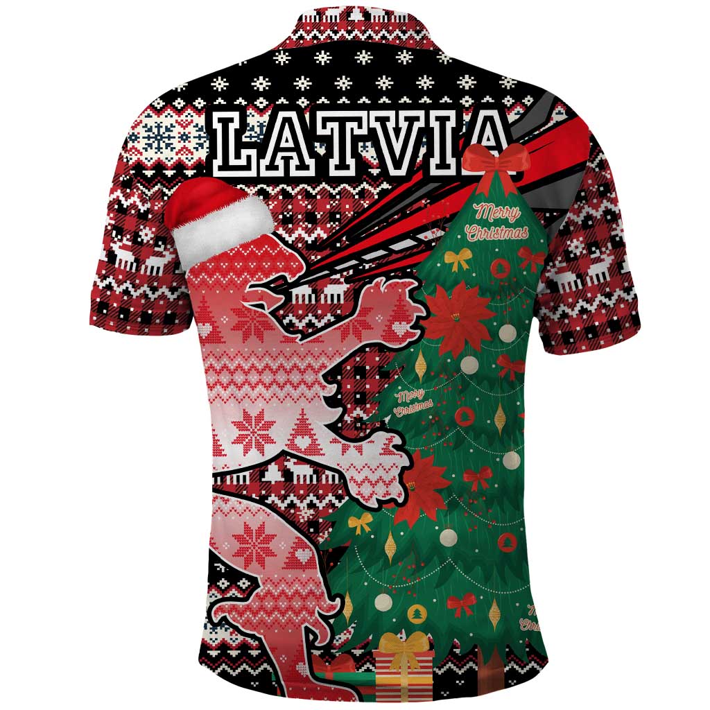 Latvia Christmas Polo Shirt with Red Lion, Holiday Tree, and Nordic Pattern Design - Wonder Print Shop