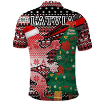 Latvia Christmas Polo Shirt with Red Lion, Holiday Tree, and Nordic Pattern Design - Wonder Print Shop