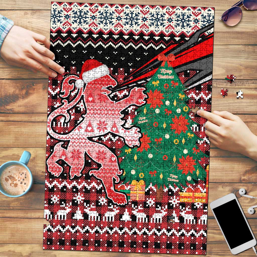 Latvia Christmas Puzzle with Red Lion, Holiday Tree, and Nordic Pattern Design - Wonder Print Shop