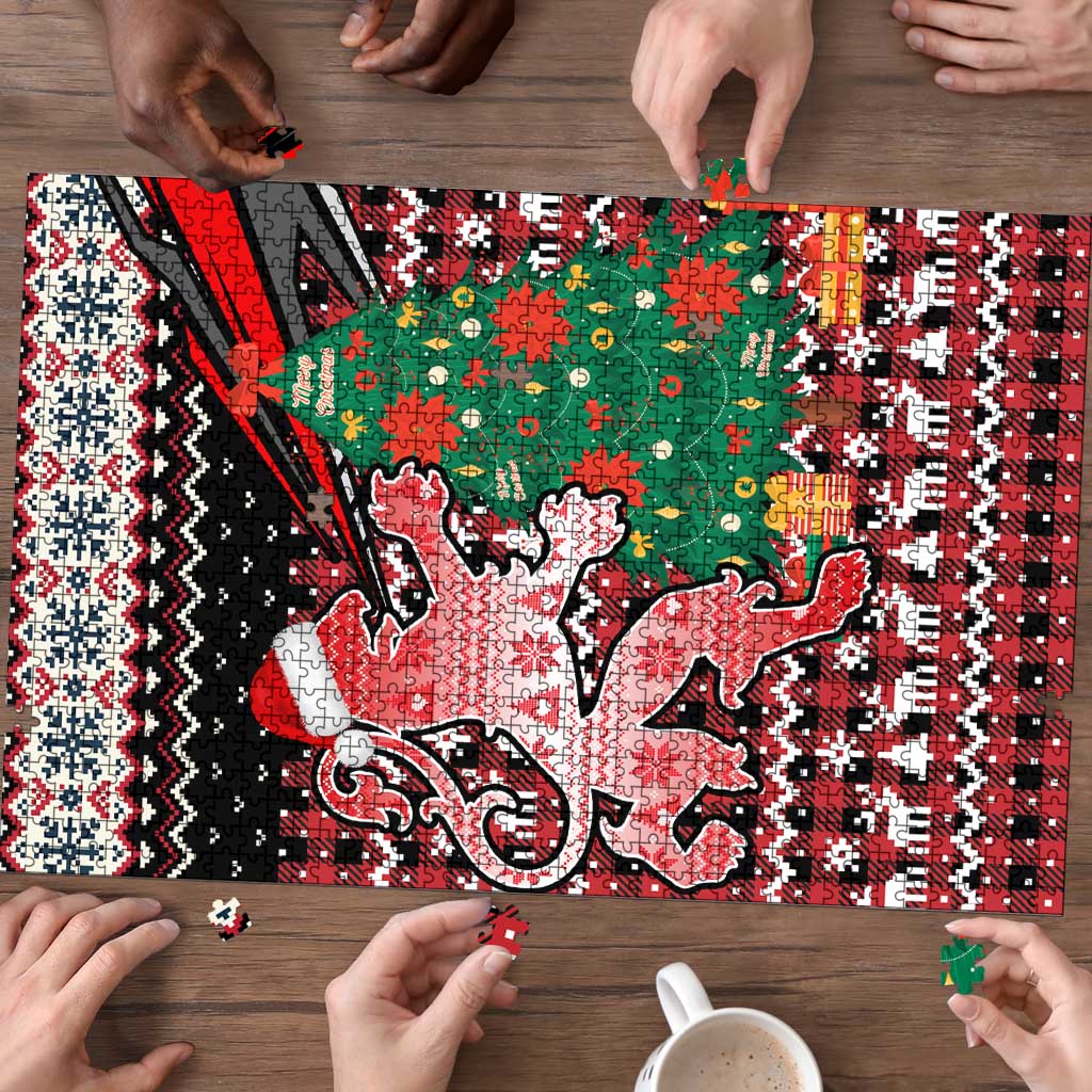 Latvia Christmas Puzzle with Red Lion, Holiday Tree, and Nordic Pattern Design - Wonder Print Shop