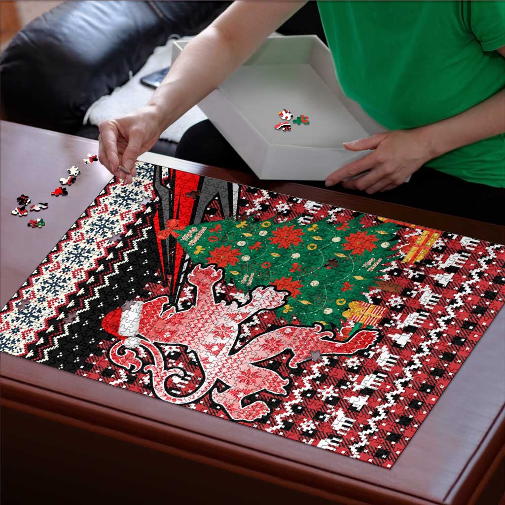 Latvia Christmas Puzzle with Red Lion, Holiday Tree, and Nordic Pattern Design - Wonder Print Shop