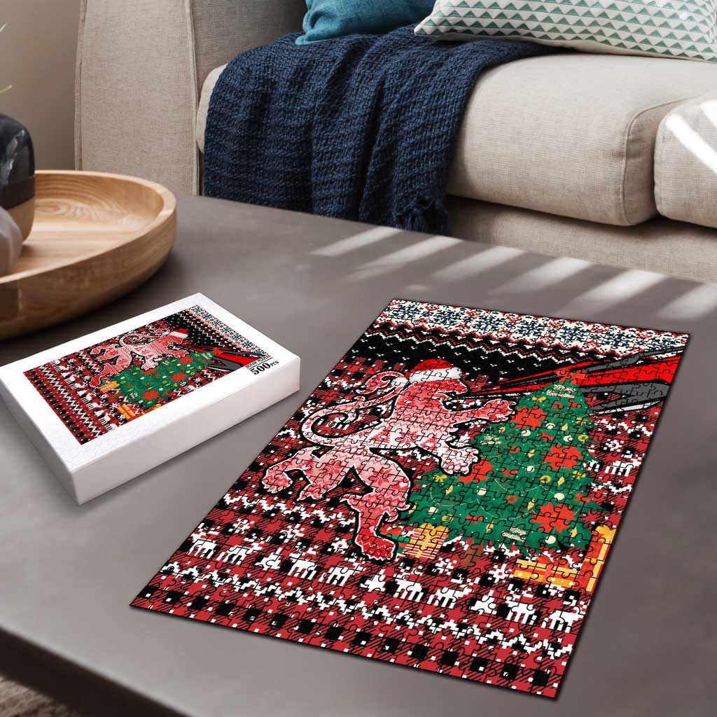 Latvia Christmas Puzzle with Red Lion, Holiday Tree, and Nordic Pattern Design - Wonder Print Shop