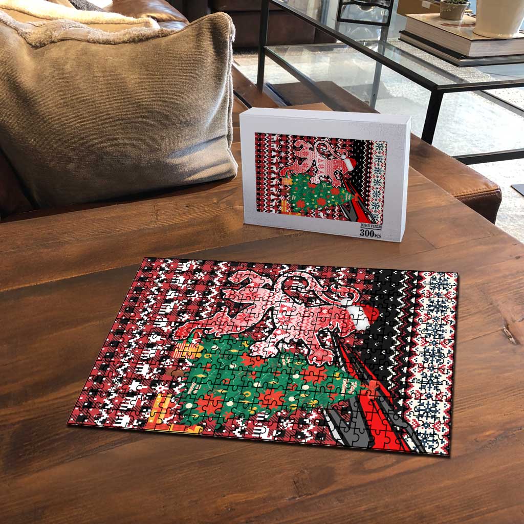 Latvia Christmas Puzzle with Red Lion, Holiday Tree, and Nordic Pattern Design - Wonder Print Shop