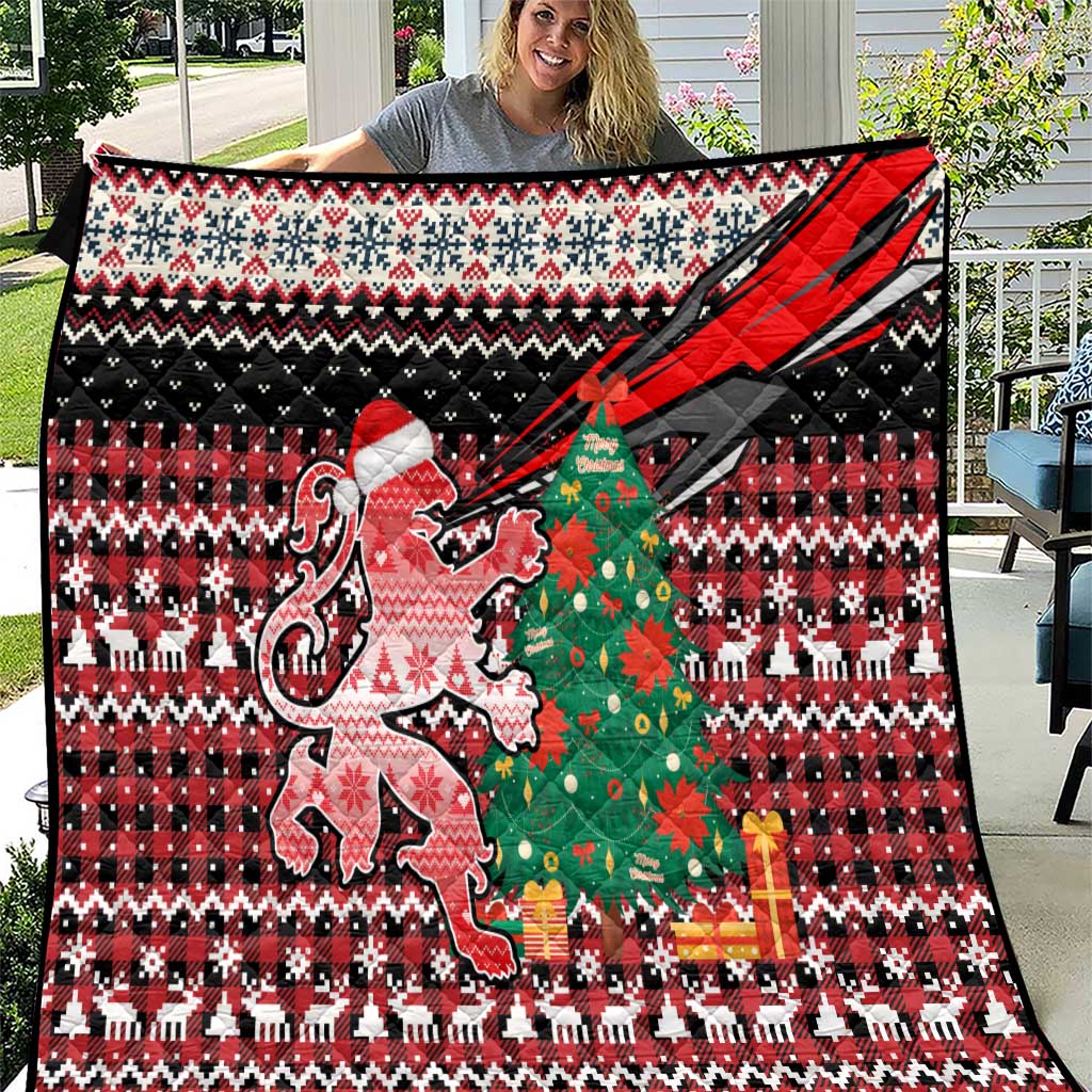 Latvia Christmas Quilt with Red Lion, Holiday Tree, and Nordic Pattern Design - Wonder Print Shop