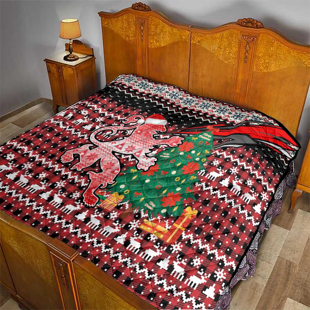 Latvia Christmas Quilt with Red Lion, Holiday Tree, and Nordic Pattern Design - Wonder Print Shop