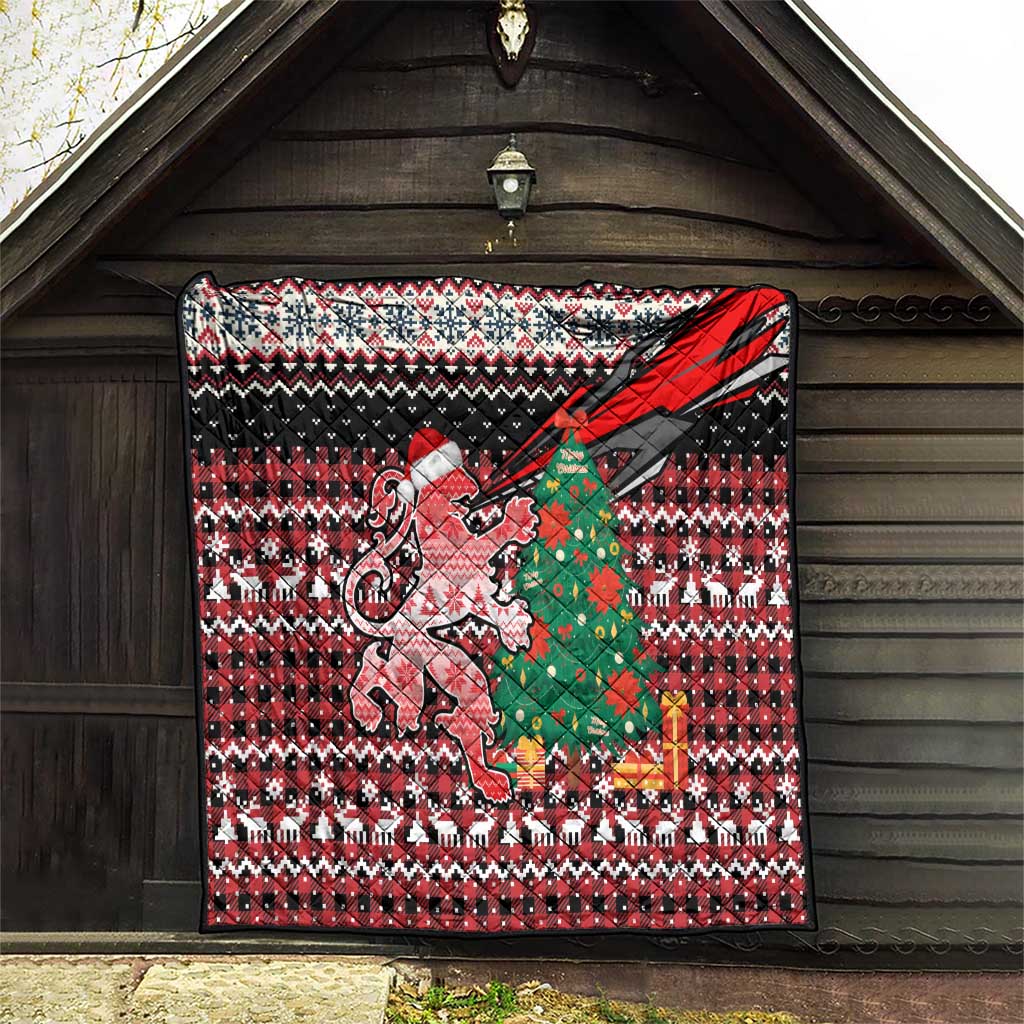 Latvia Christmas Quilt with Red Lion, Holiday Tree, and Nordic Pattern Design - Wonder Print Shop