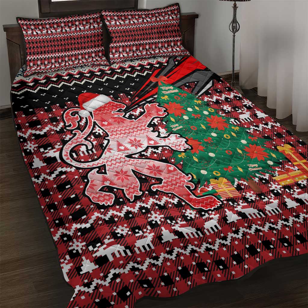 Latvia Christmas Quilt Bed Set with Red Lion, Holiday Tree, and Nordic Pattern Design - Wonder Print Shop