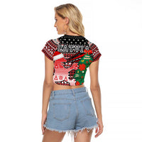 Latvia Christmas Raglan Cropped T Shirt with Red Lion, Holiday Tree, and Nordic Pattern Design - Wonder Print Shop