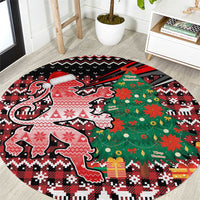Latvia Christmas Round Carpet with Red Lion, Holiday Tree, and Nordic Pattern Design - Wonder Print Shop