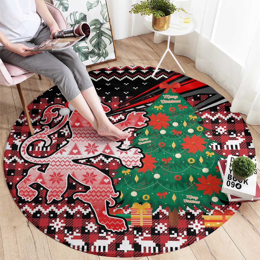 Latvia Christmas Round Carpet with Red Lion, Holiday Tree, and Nordic Pattern Design - Wonder Print Shop