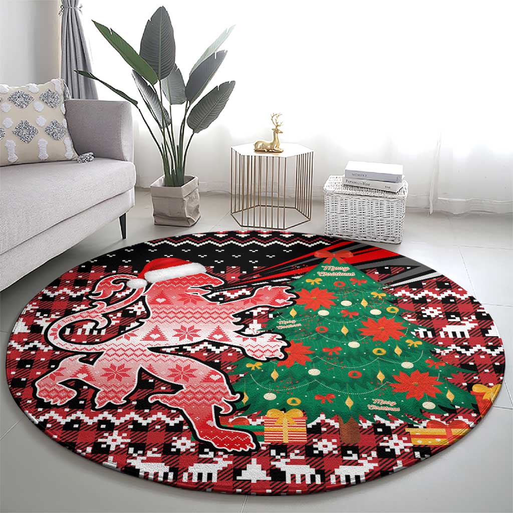 Latvia Christmas Round Carpet with Red Lion, Holiday Tree, and Nordic Pattern Design - Wonder Print Shop