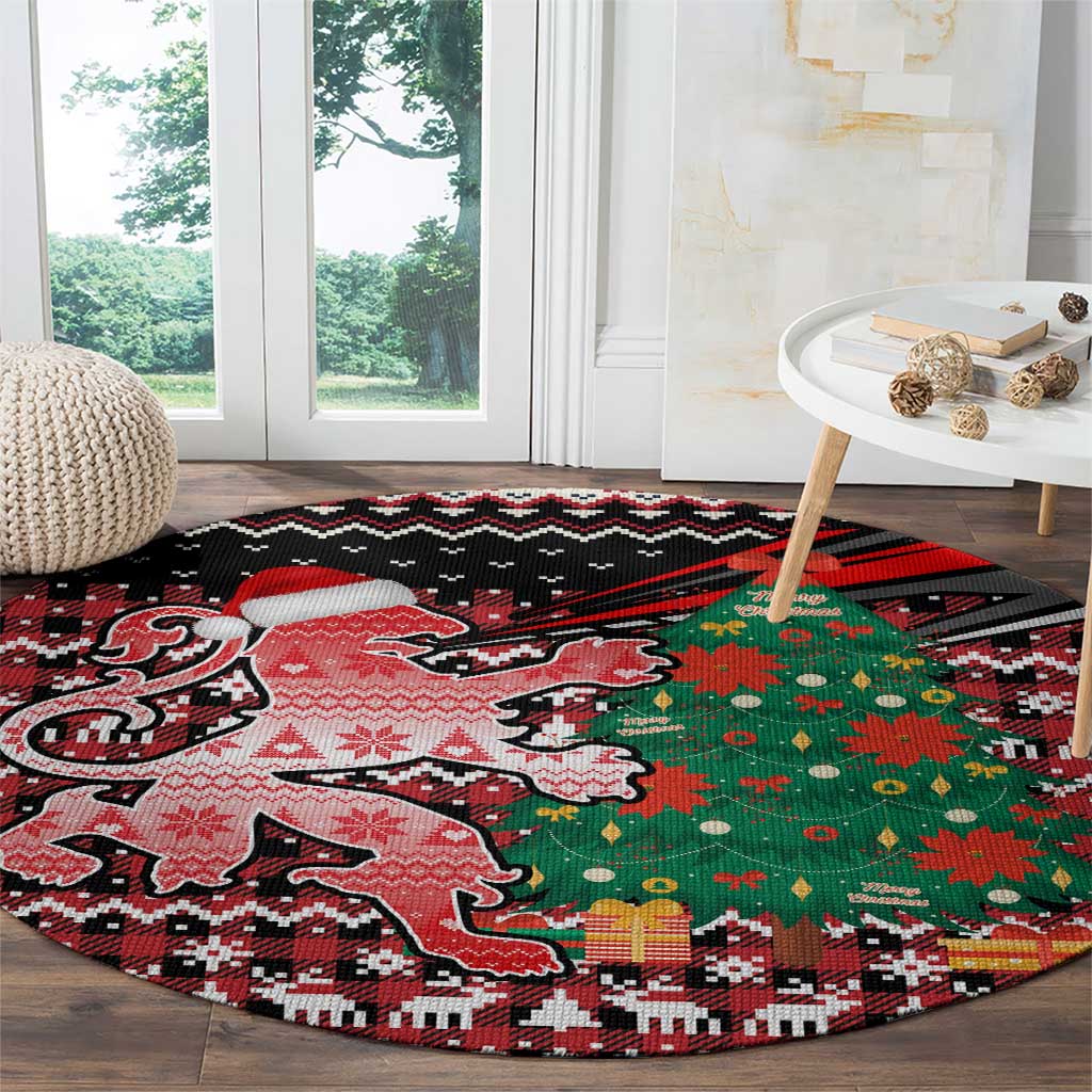 Latvia Christmas Round Carpet with Red Lion, Holiday Tree, and Nordic Pattern Design - Wonder Print Shop