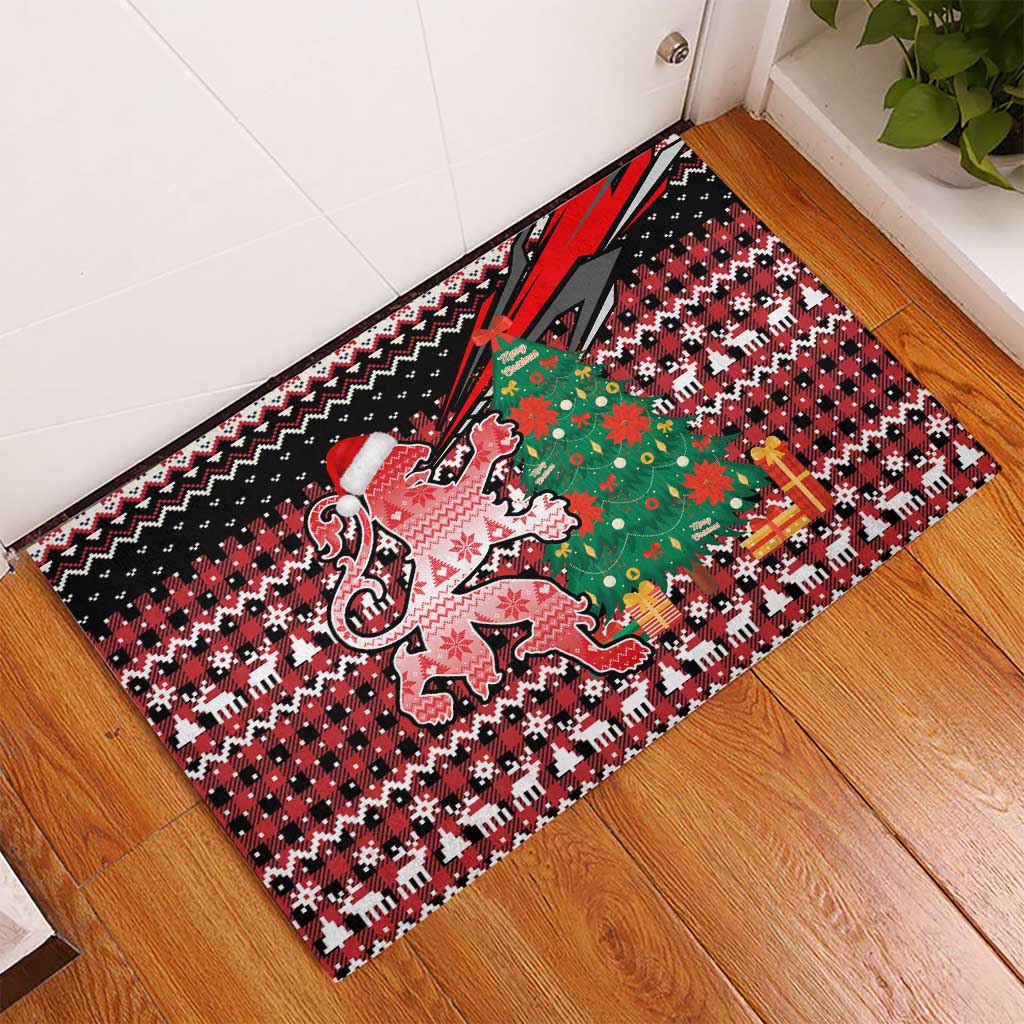 Latvia Christmas Rubber Doormat with Red Lion, Holiday Tree, and Nordic Pattern Design - Wonder Print Shop