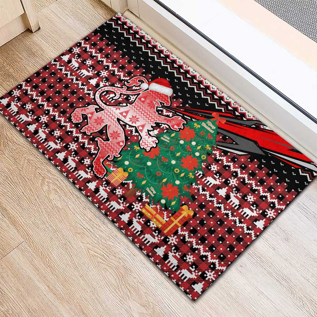 Latvia Christmas Rubber Doormat with Red Lion, Holiday Tree, and Nordic Pattern Design - Wonder Print Shop