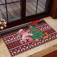Latvia Christmas Rubber Doormat with Red Lion, Holiday Tree, and Nordic Pattern Design - Wonder Print Shop