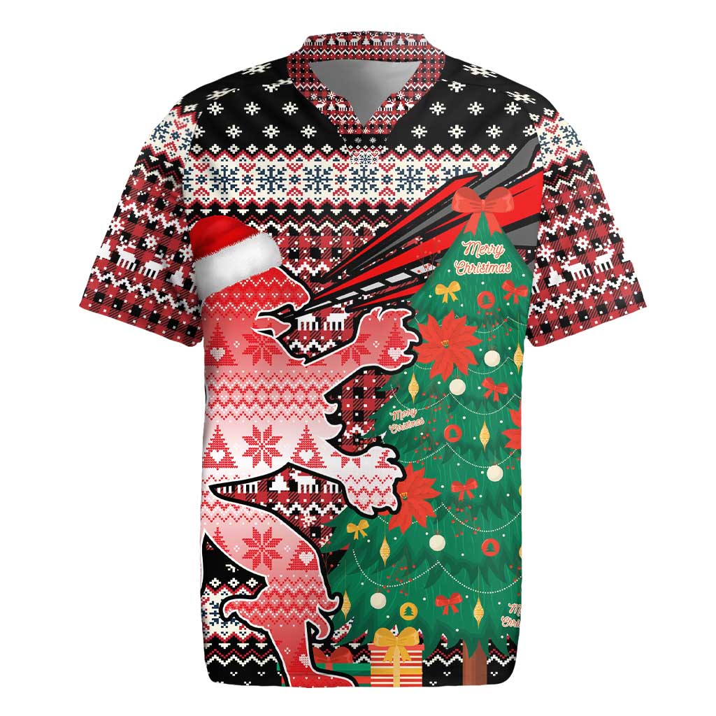 Latvia Christmas Rugby Jersey with Red Lion, Holiday Tree, and Nordic Pattern Design - Wonder Print Shop
