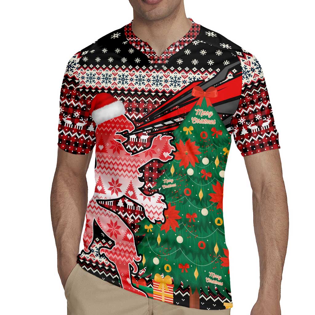 Latvia Christmas Rugby Jersey with Red Lion, Holiday Tree, and Nordic Pattern Design - Wonder Print Shop