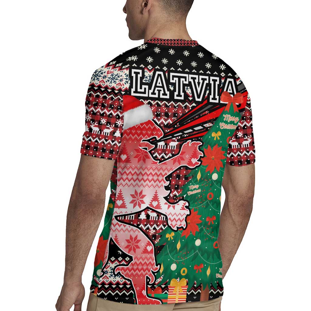 Latvia Christmas Rugby Jersey with Red Lion, Holiday Tree, and Nordic Pattern Design - Wonder Print Shop