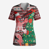Latvia Christmas Scrub Top with Red Lion, Holiday Tree, and Nordic Pattern Design - Wonder Print Shop