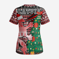 Latvia Christmas Scrub Top with Red Lion, Holiday Tree, and Nordic Pattern Design - Wonder Print Shop