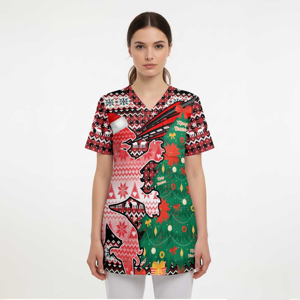 Latvia Christmas Scrub Top with Red Lion, Holiday Tree, and Nordic Pattern Design - Wonder Print Shop